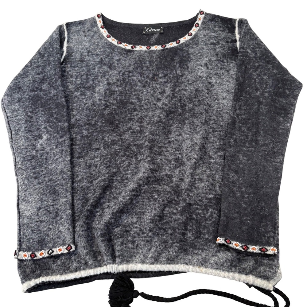 Grace Acid Wash‎ Knit Top Grey Beaded Neckline Tassel Hem Boho Long Sleeve Soft